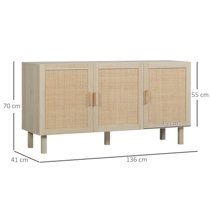 Rattan Storage Sideboard with Cane-Effect Doors, Adjustable Shelves, Storage Cabinet for Living Room, Kitchen, Bedroom, 136 x 41 x 70 cm, Natural Wood