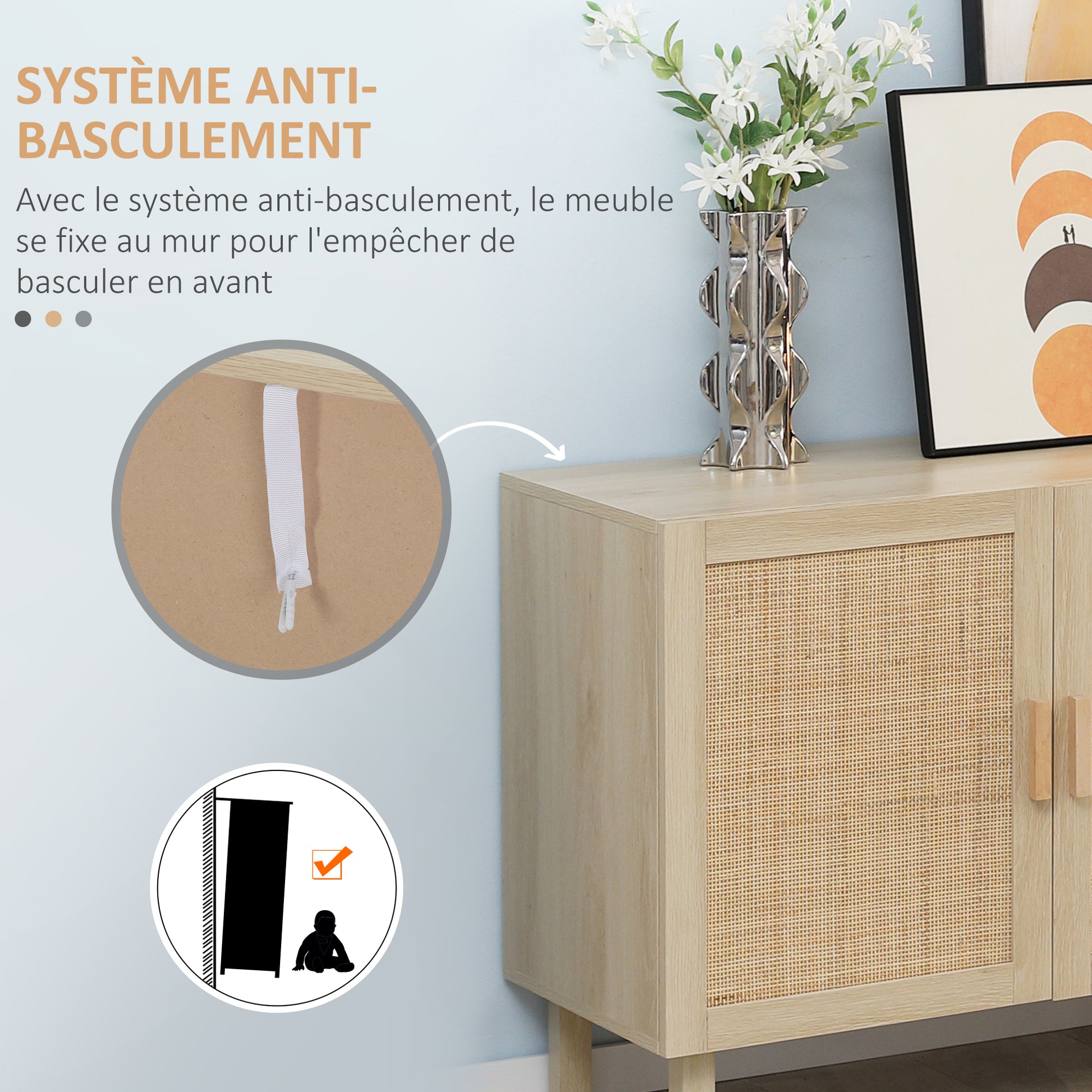 Rattan Storage Sideboard with Cane-Effect Doors, Adjustable Shelves, Storage Cabinet for Living Room, Kitchen, Bedroom, 136 x 41 x 70 cm, Natural Wood