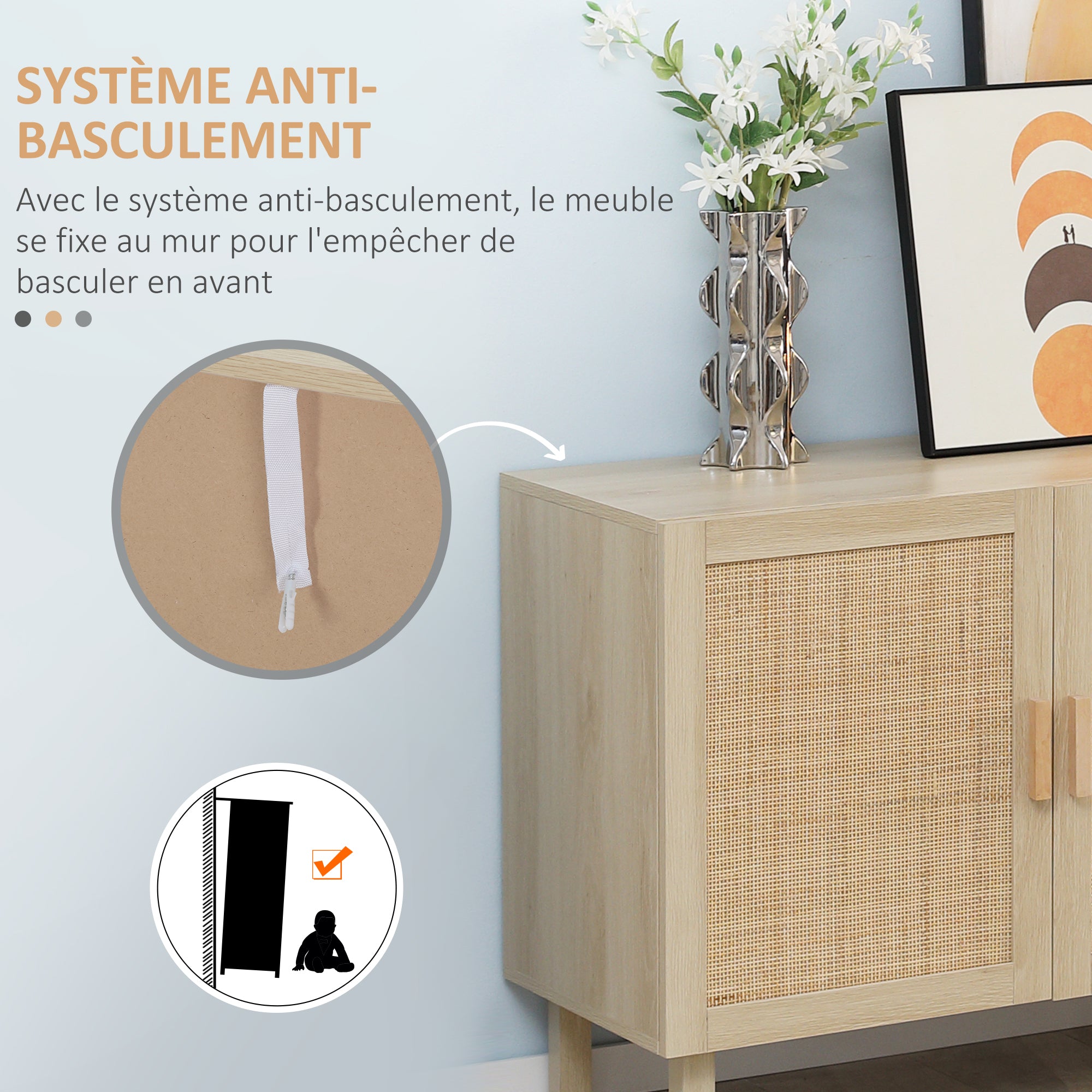 Rattan Storage Sideboard with Cane-Effect Doors, Adjustable Shelves, Storage Cabinet for Living Room, Kitchen, Bedroom, 136 x 41 x 70 cm, Natural Wood