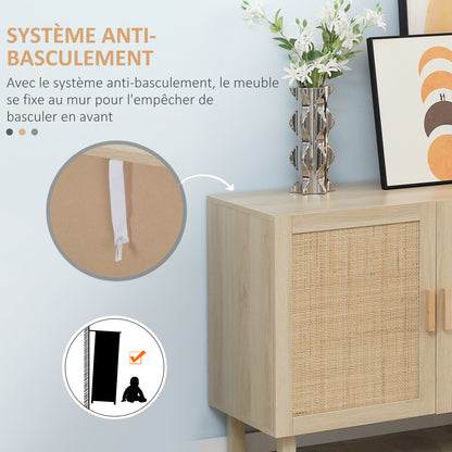 Rattan Storage Sideboard with Cane-Effect Doors, Adjustable Shelves, Storage Cabinet for Living Room, Kitchen, Bedroom, 136 x 41 x 70 cm, Natural Wood