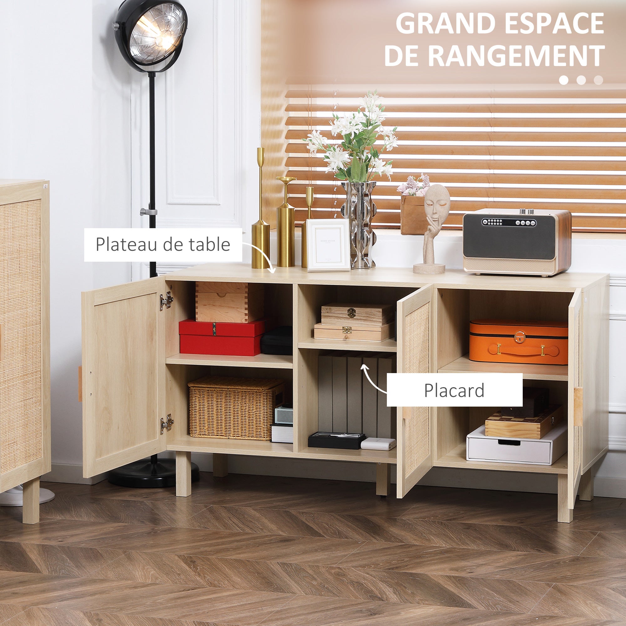Rattan Storage Sideboard with Cane-Effect Doors, Adjustable Shelves, Storage Cabinet for Living Room, Kitchen, Bedroom, 136 x 41 x 70 cm, Natural Wood