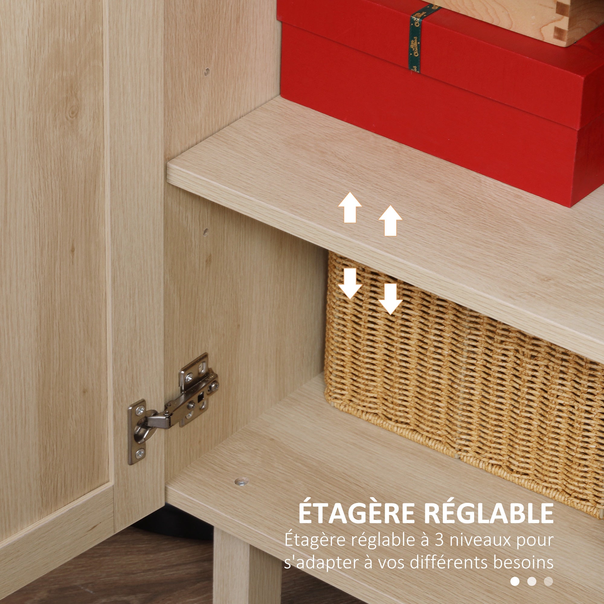 Rattan Storage Sideboard with Cane-Effect Doors, Adjustable Shelves, Storage Cabinet for Living Room, Kitchen, Bedroom, 136 x 41 x 70 cm, Natural Wood