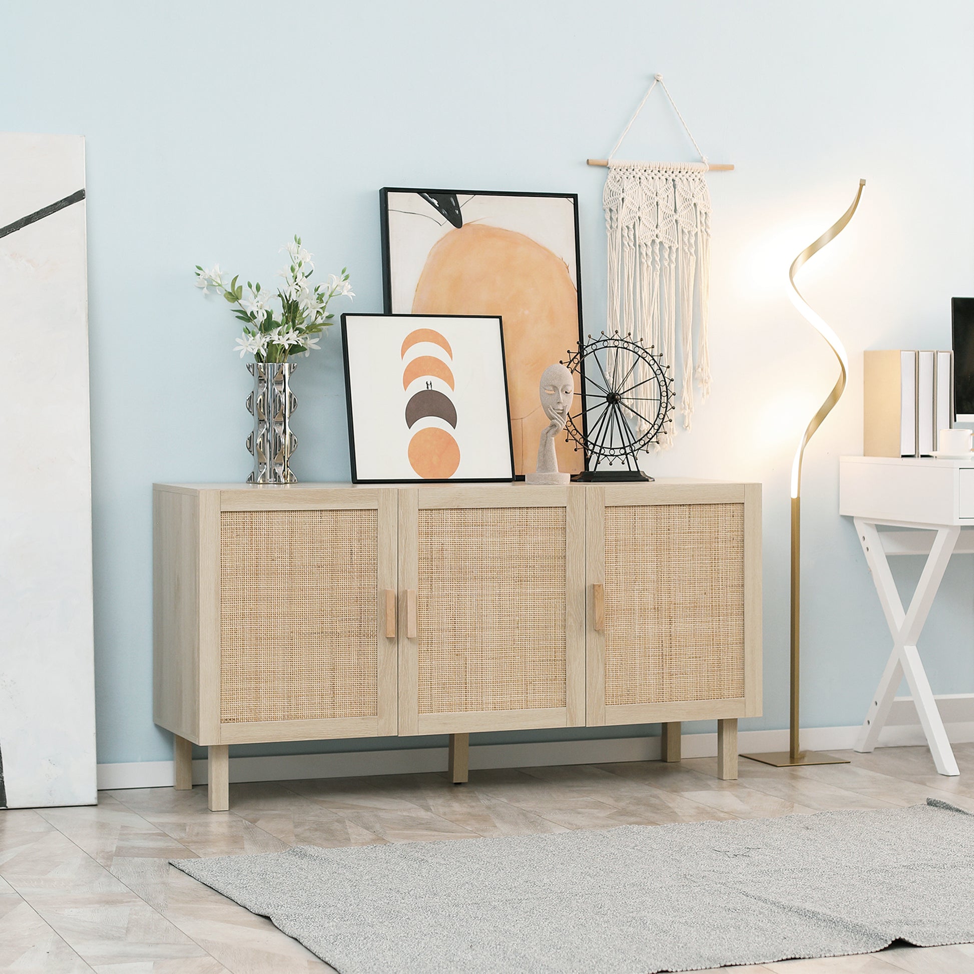 Rattan Storage Sideboard with Cane-Effect Doors, Adjustable Shelves, Storage Cabinet for Living Room, Kitchen, Bedroom, 136 x 41 x 70 cm, Natural Wood