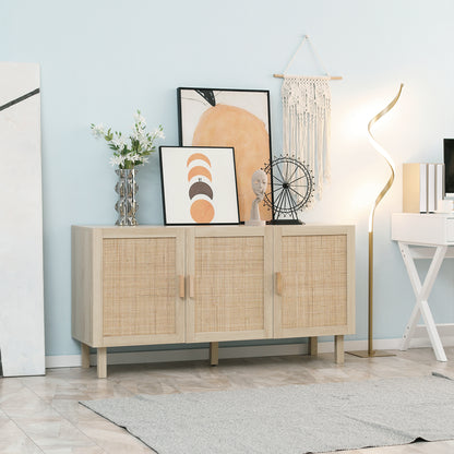 Rattan Storage Sideboard with Cane-Effect Doors, Adjustable Shelves, Storage Cabinet for Living Room, Kitchen, Bedroom, 136 x 41 x 70 cm, Natural Wood