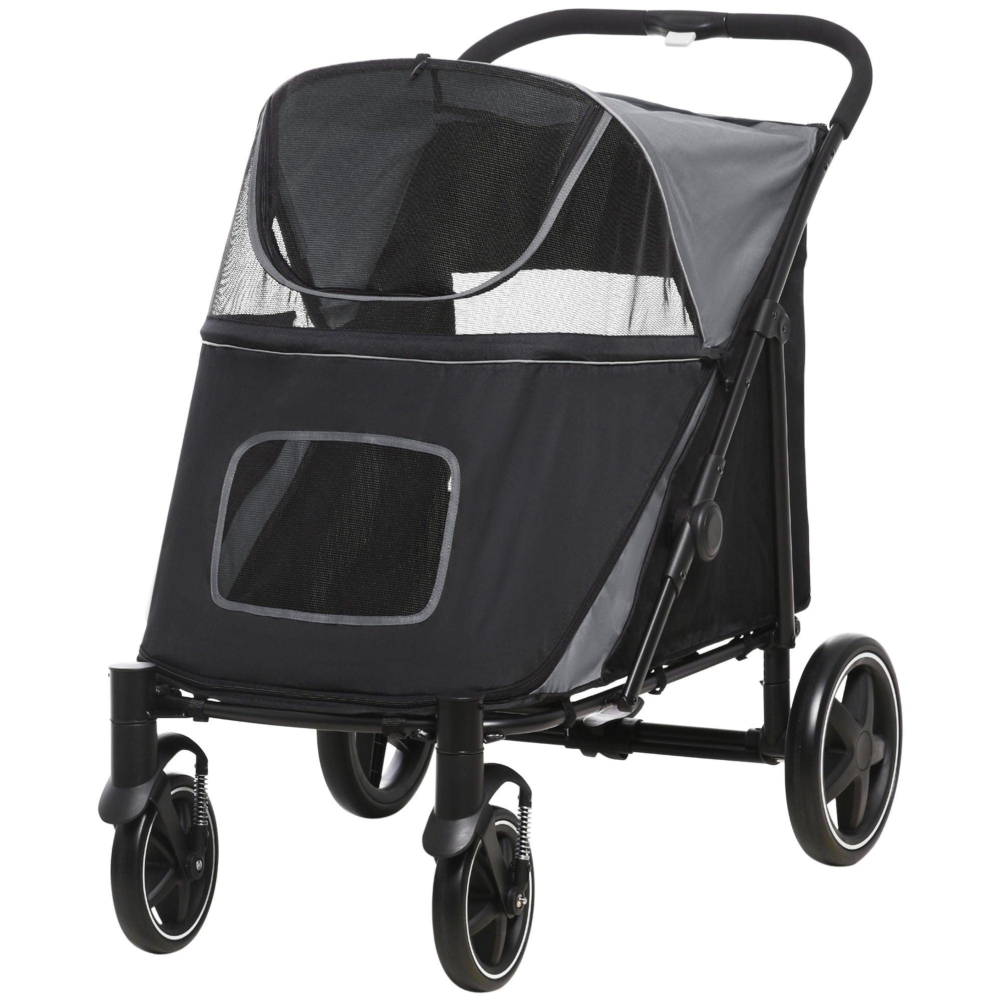 Dog Stroller, Dog Stroller with Cushion, Foldable Dog Trolley, Cat Stroller for Large and Medium Dogs, Dog Trolley with Mesh Window, Safety Leashes, Bag, Oxford Fabric, Gray