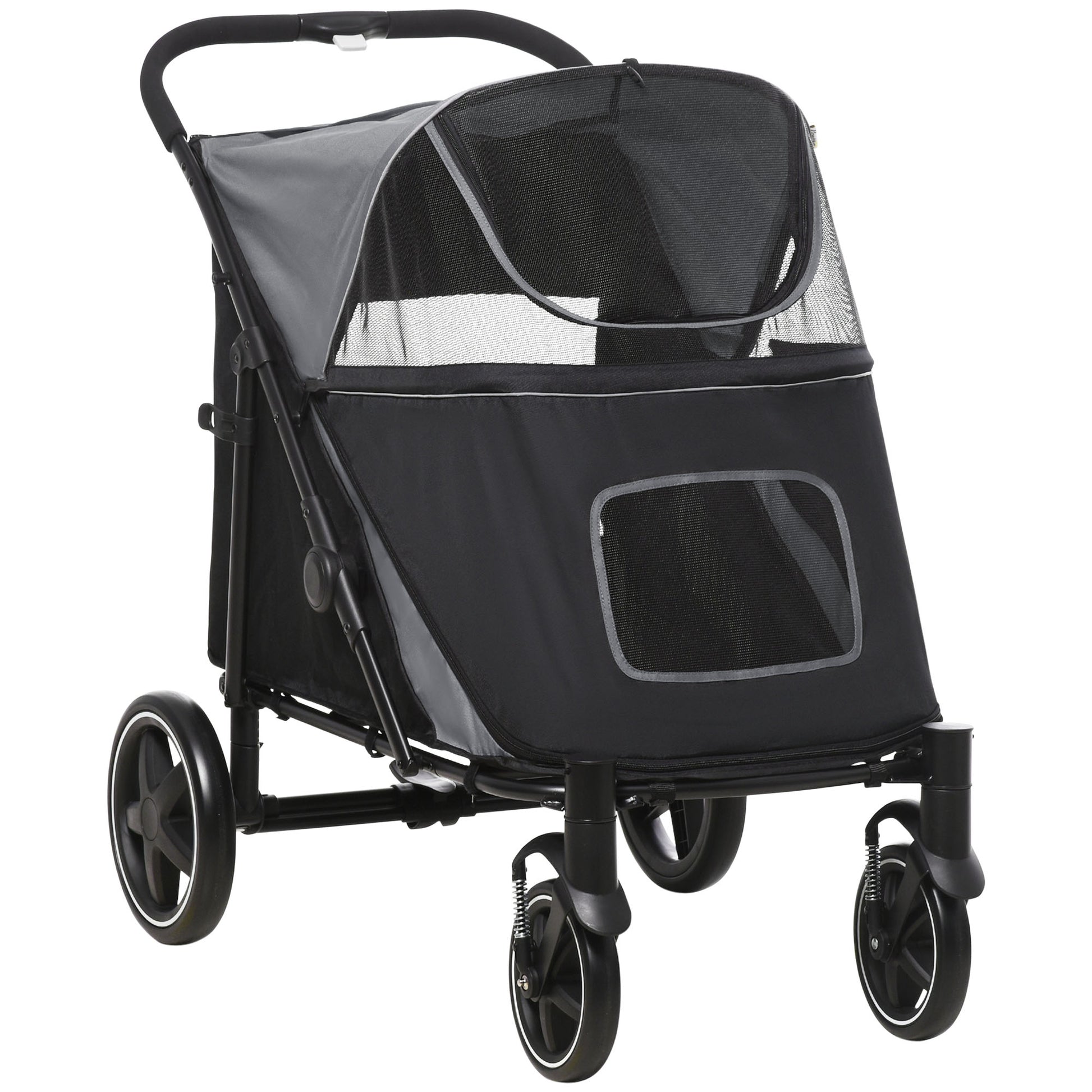 Dog Stroller, Dog Stroller with Cushion, Foldable Dog Trolley, Cat Stroller for Large and Medium Dogs, Dog Trolley with Mesh Window, Safety Leashes, Bag, Oxford Fabric, Gray