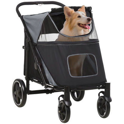 Dog Stroller, Dog Stroller with Cushion, Foldable Dog Trolley, Cat Stroller for Large and Medium Dogs, Dog Trolley with Mesh Window, Safety Leashes, Bag, Oxford Fabric, Gray