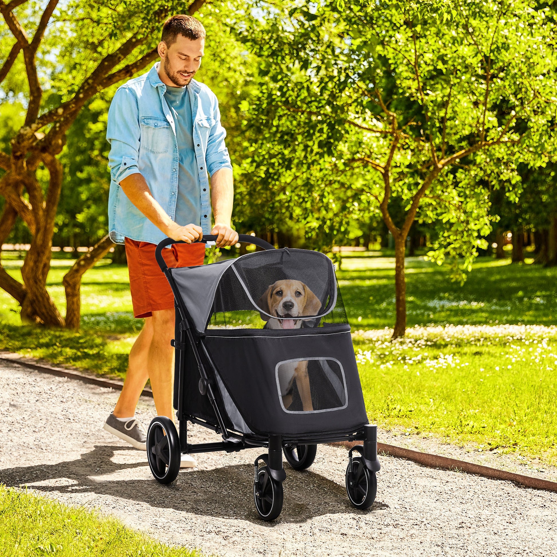 Dog Stroller, Dog Stroller with Cushion, Foldable Dog Trolley, Cat Stroller for Large and Medium Dogs, Dog Trolley with Mesh Window, Safety Leashes, Bag, Oxford Fabric, Gray