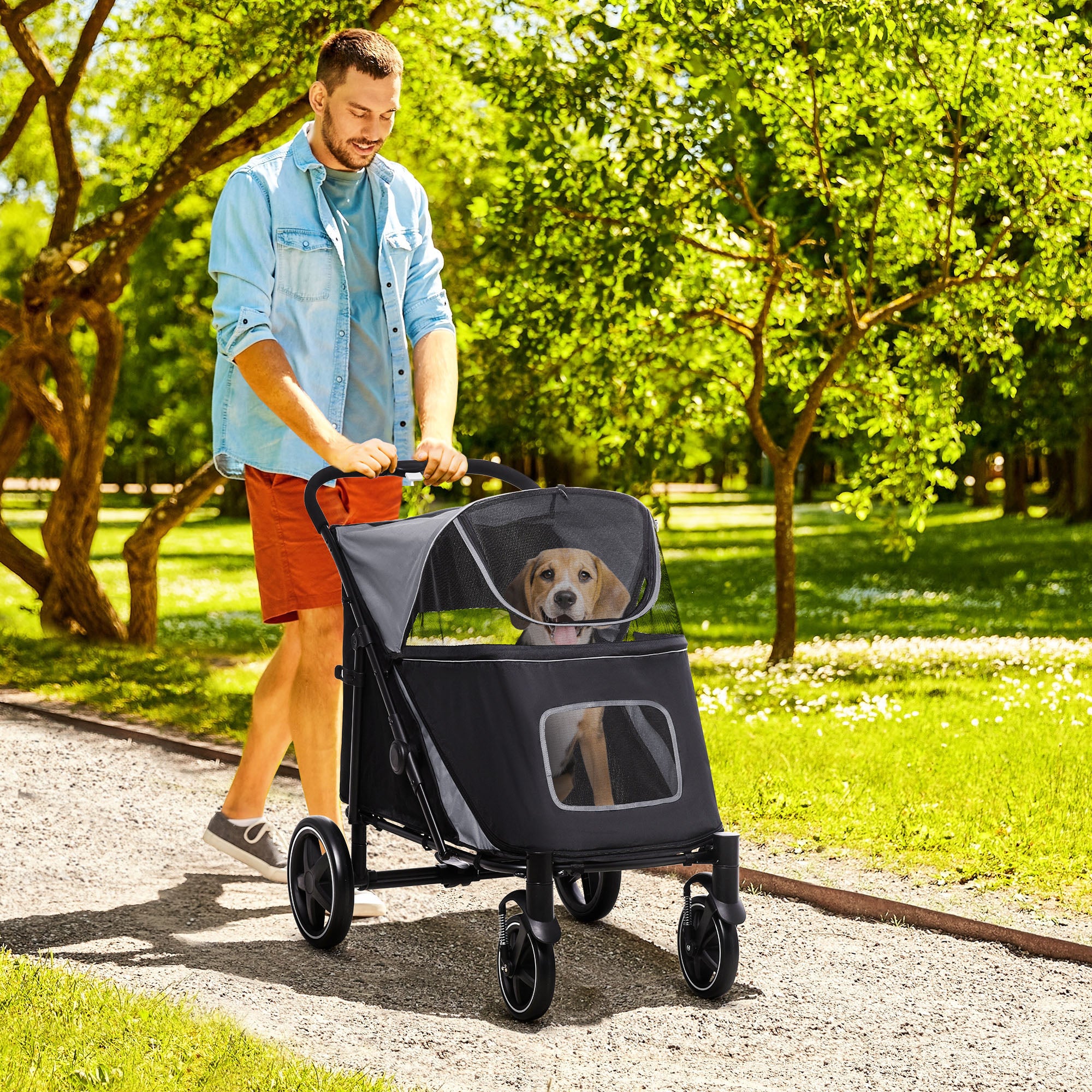 Dog Stroller, Dog Stroller with Cushion, Foldable Dog Trolley, Cat Stroller for Large and Medium Dogs, Dog Trolley with Mesh Window, Safety Leashes, Bag, Oxford Fabric, Gray