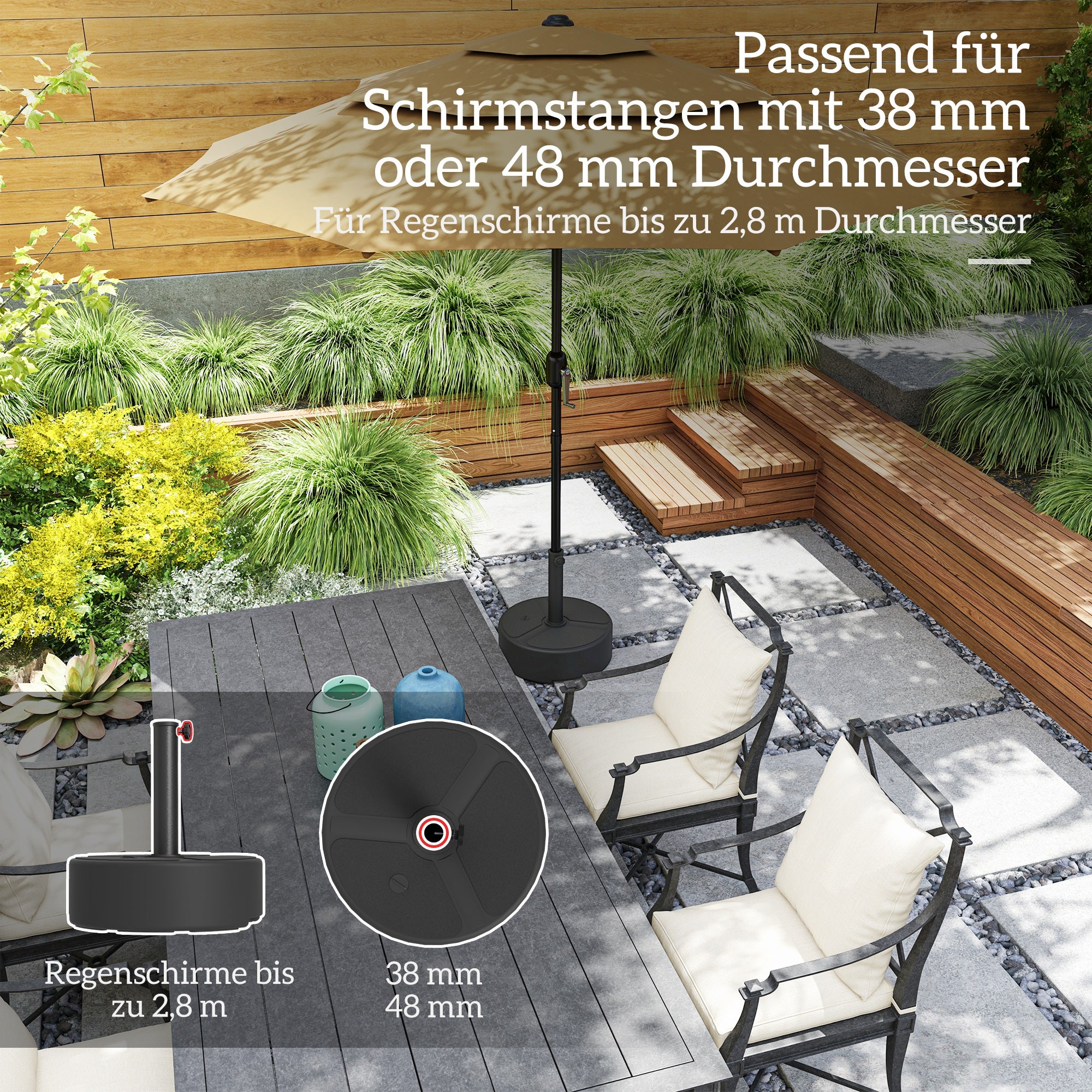 Fillable HDPE Umbrella Base — Round Stand for Ø38/Ø48 mm Poles, Holds 44 lb (20 kg) Sand or 40 lb (18 kg) Water, For Balcony/Patio/Garden — Black