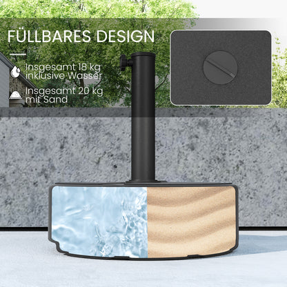 Fillable HDPE Umbrella Base — Round Stand for Ø38/Ø48 mm Poles, Holds 44 lb (20 kg) Sand or 40 lb (18 kg) Water, For Balcony/Patio/Garden — Black