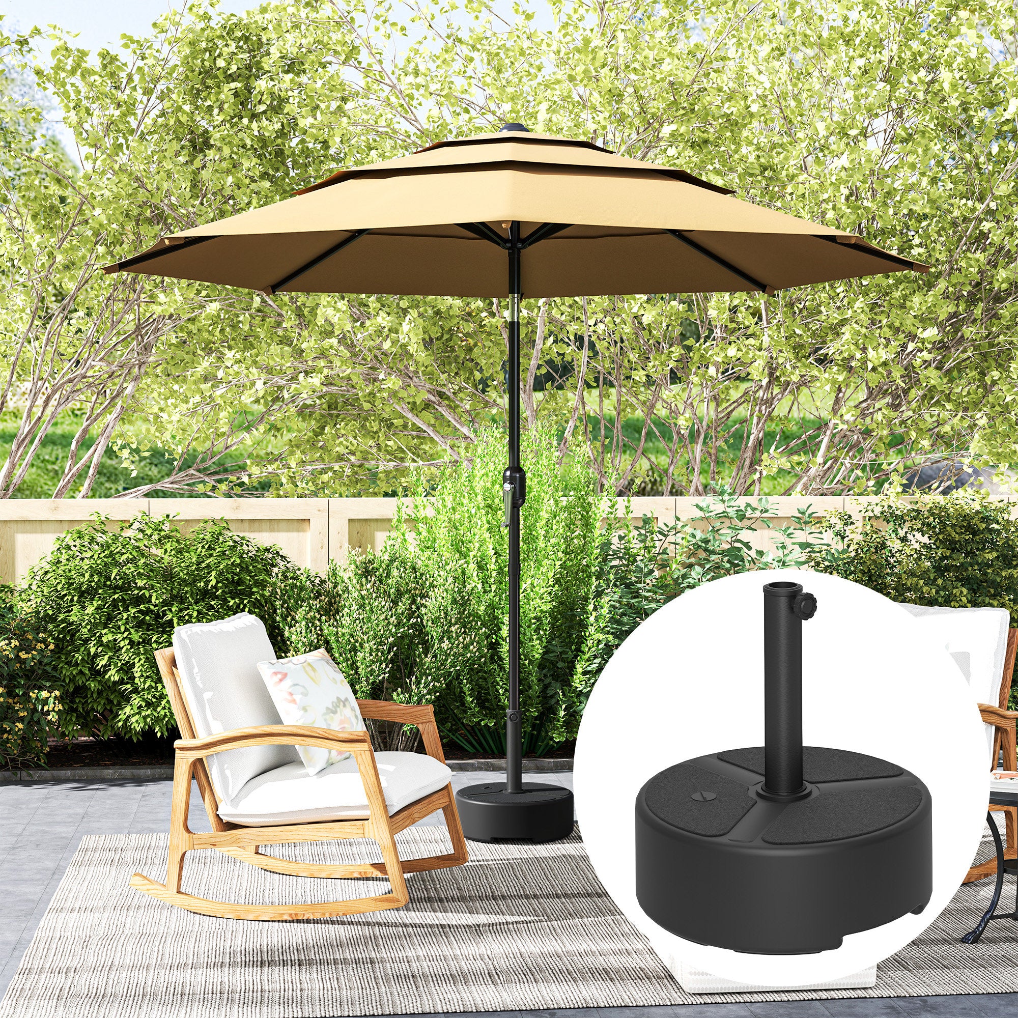 Fillable HDPE Umbrella Base — Round Stand for Ø38/Ø48 mm Poles, Holds 44 lb (20 kg) Sand or 40 lb (18 kg) Water, For Balcony/Patio/Garden — Black
