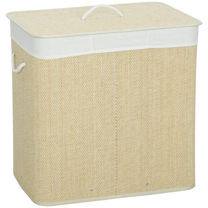 Bamboo Laundry Hamper with Lid, 144 L (≈38.1 US gal), 3-Compartment Laundry Basket, Removable Washable Liner, Handles, 23.6×15.7×23.6 in, Cream