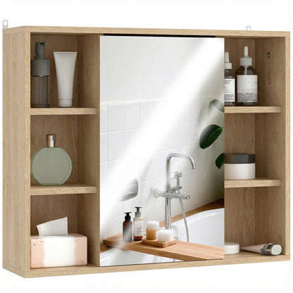 Wall-Mounted Bathroom Cabinet with Mirror — 6 Open Shelves & Mirrored Door, Natural Wood, 23.6 x 5.7 x 19.4 in