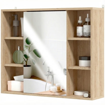 Wall-Mounted Bathroom Cabinet with Mirror — 6 Open Shelves & Mirrored Door, Natural Wood, 23.6 x 5.7 x 19.4 in