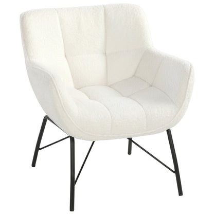 Sherpa Fleece Lounge Chair – Modern Upholstered Armchair with Curved Back, Armrests & Steel Legs, Cream White
