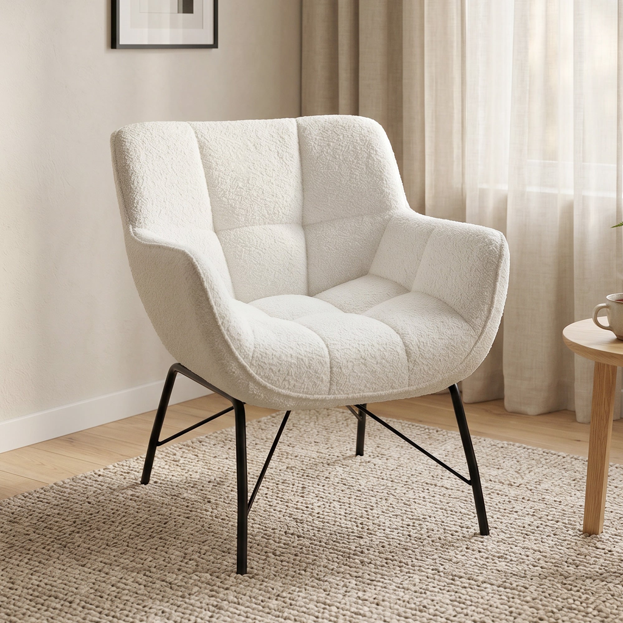 Sherpa Fleece Lounge Chair – Modern Upholstered Armchair with Curved Back, Armrests & Steel Legs, Cream White