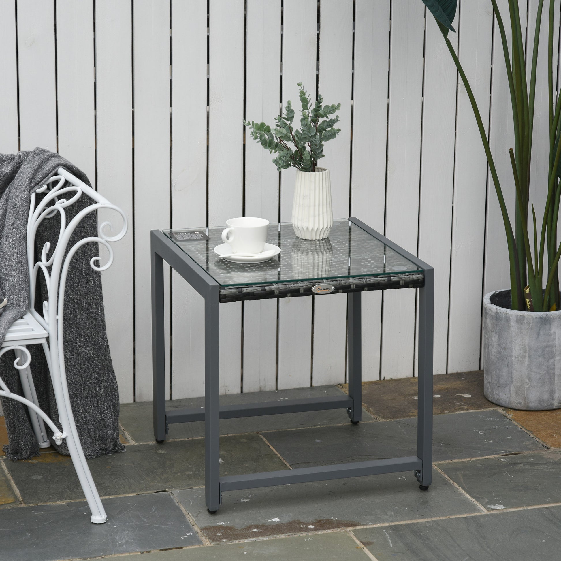 Garden Table Outdoor Side Table Table Patio Furniture with Tempered Glass Polyrattan + Aluminum Gray 50 x 49.5 x 50 cm