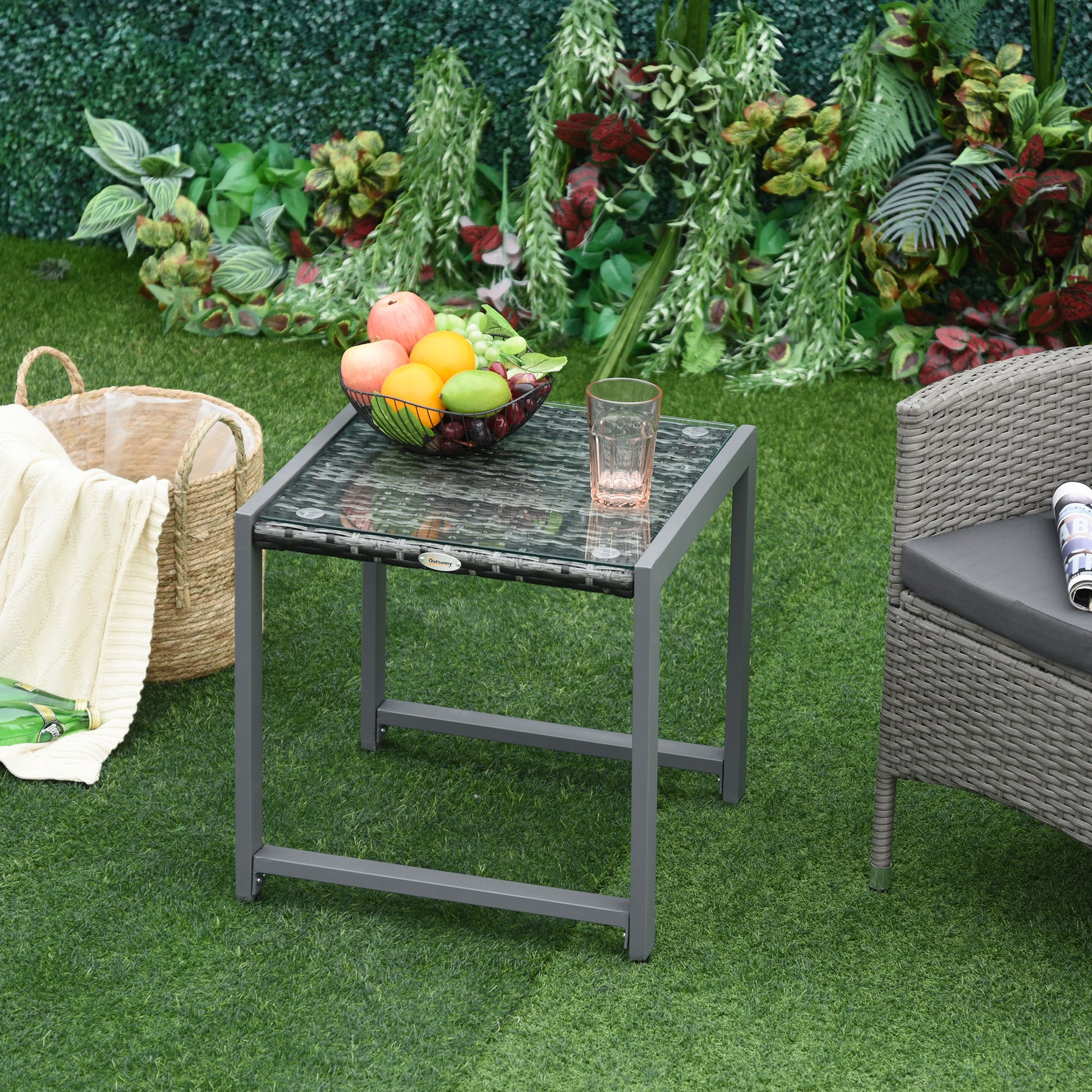 Garden Table Outdoor Side Table Table Patio Furniture with Tempered Glass Polyrattan + Aluminum Gray 50 x 49.5 x 50 cm