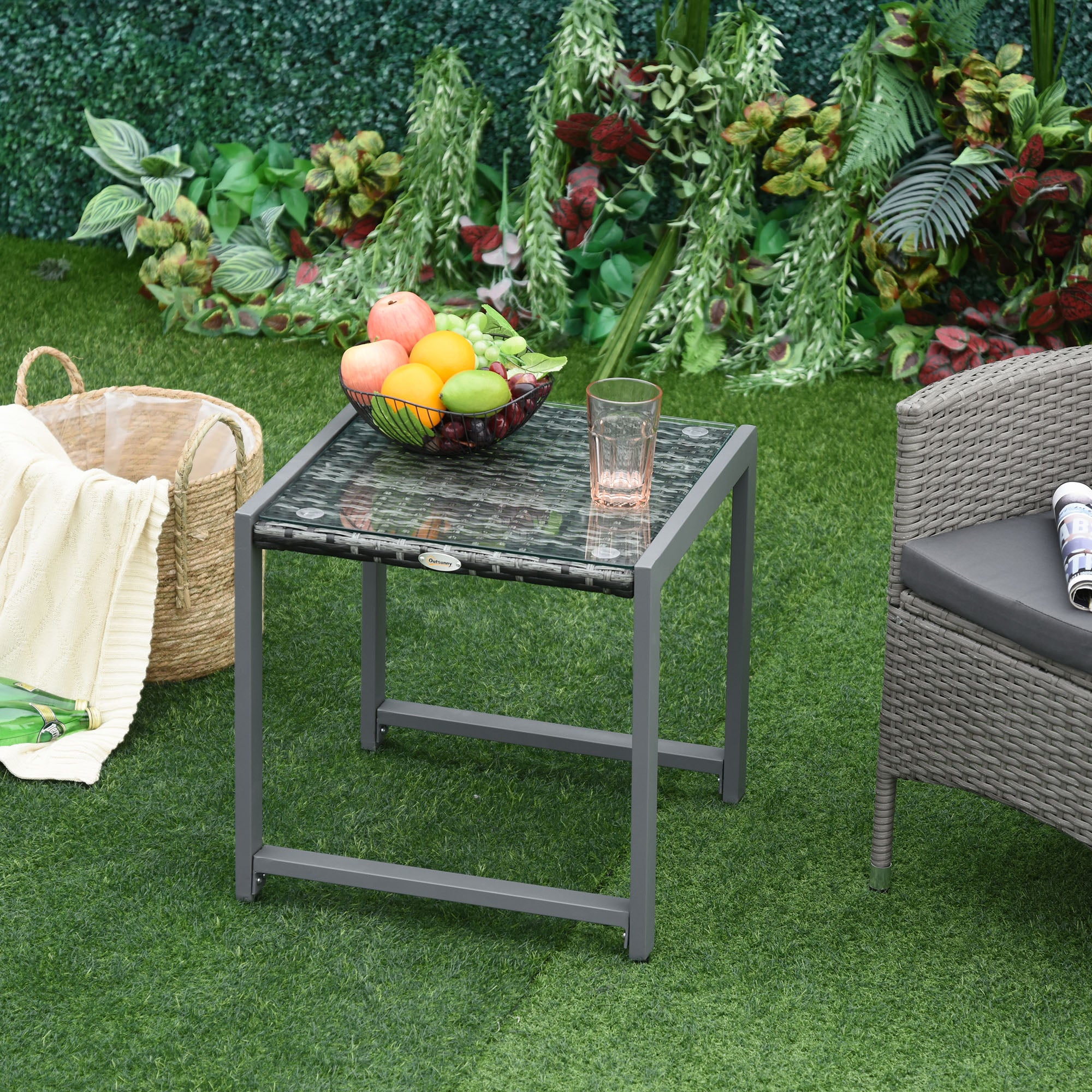 Garden Table Outdoor Side Table Table Patio Furniture with Tempered Glass Polyrattan + Aluminum Gray 50 x 49.5 x 50 cm