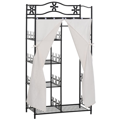 Adult Bedroom Wardrobe Clothing Dressing Multi Storage 5 Shelves 84L x 42W x 159H cm Metal Black 2 White Curtains