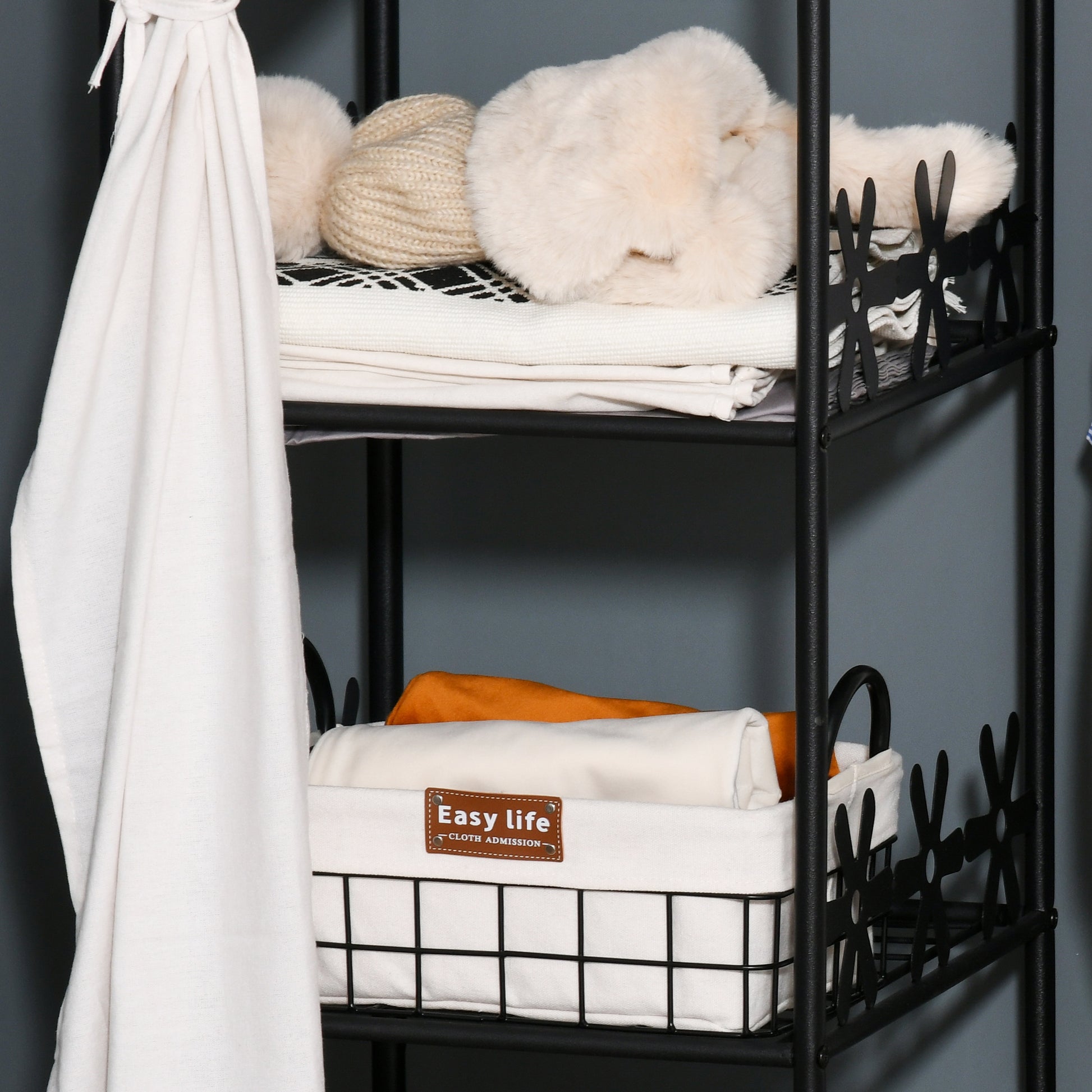 Adult Bedroom Wardrobe Clothing Dressing Multi Storage 5 Shelves 84L x 42W x 159H cm Metal Black 2 White Curtains