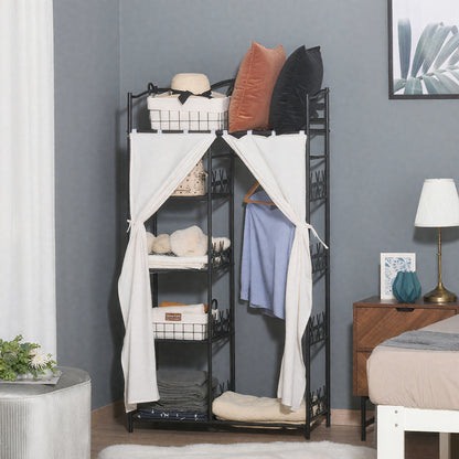 Adult Bedroom Wardrobe Clothing Dressing Multi Storage 5 Shelves 84L x 42W x 159H cm Metal Black 2 White Curtains