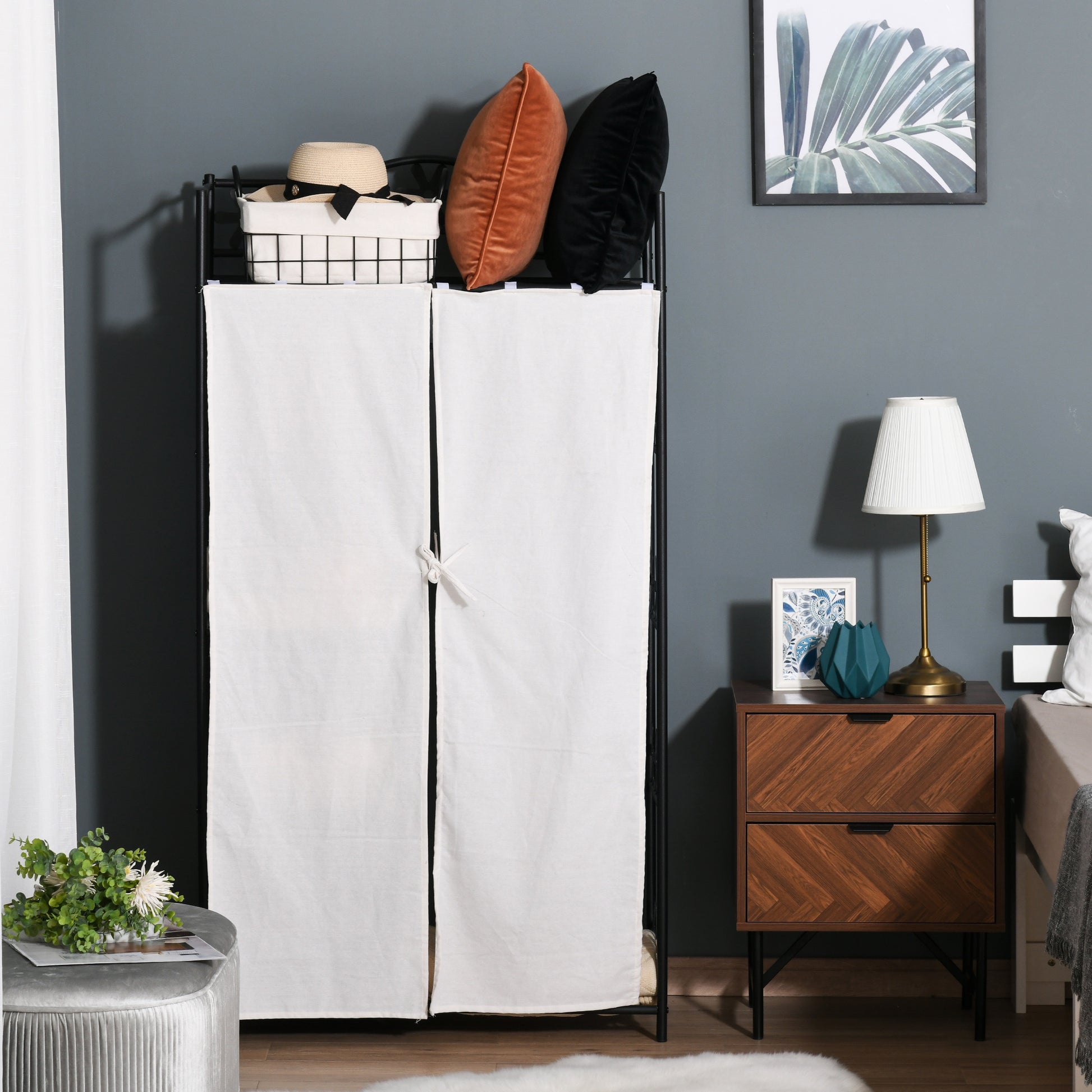 Adult Bedroom Wardrobe Clothing Dressing Multi Storage 5 Shelves 84L x 42W x 159H cm Metal Black 2 White Curtains