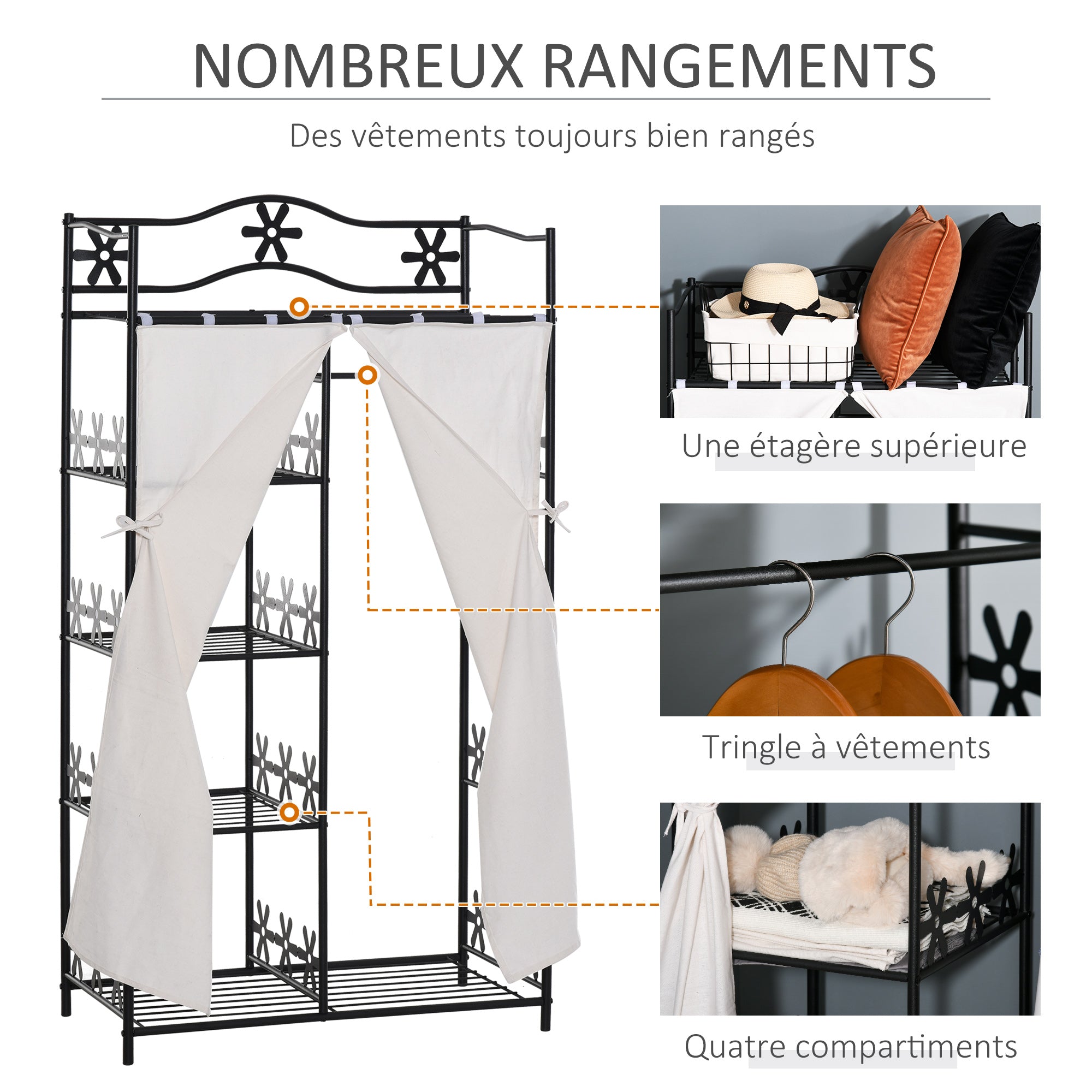 Adult Bedroom Wardrobe Clothing Dressing Multi Storage 5 Shelves 84L x 42W x 159H cm Metal Black 2 White Curtains