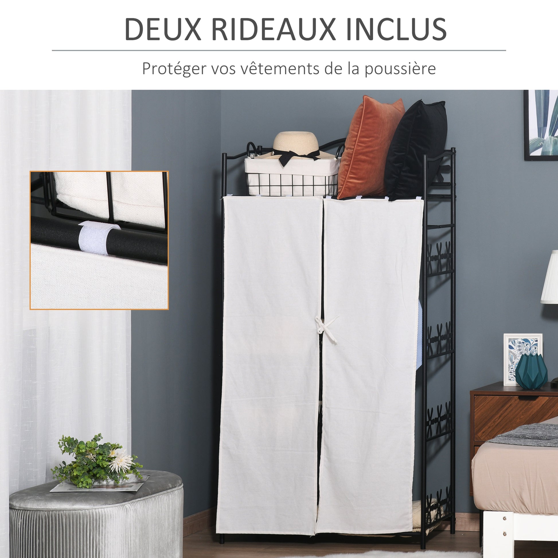 Adult Bedroom Wardrobe Clothing Dressing Multi Storage 5 Shelves 84L x 42W x 159H cm Metal Black 2 White Curtains