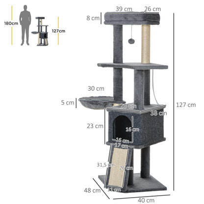 Multi-Equipped Activity Center Cat Tree with Scratching Posts Scratching Pad Dangling Ball Toy Hideaway Platforms Gray