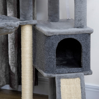 Multi-Equipped Activity Center Cat Tree with Scratching Posts Scratching Pad Dangling Ball Toy Hideaway Platforms Gray
