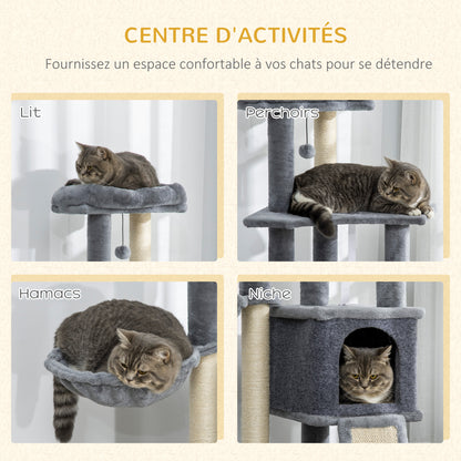Multi-Equipped Activity Center Cat Tree with Scratching Posts Scratching Pad Dangling Ball Toy Hideaway Platforms Gray