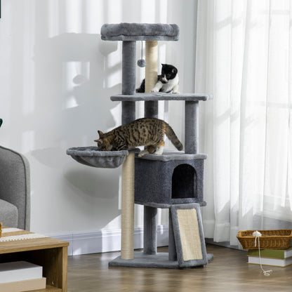 Multi-Equipped Activity Center Cat Tree with Scratching Posts Scratching Pad Dangling Ball Toy Hideaway Platforms Gray