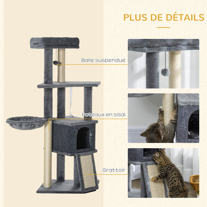 Multi-Equipped Activity Center Cat Tree with Scratching Posts Scratching Pad Dangling Ball Toy Hideaway Platforms Gray
