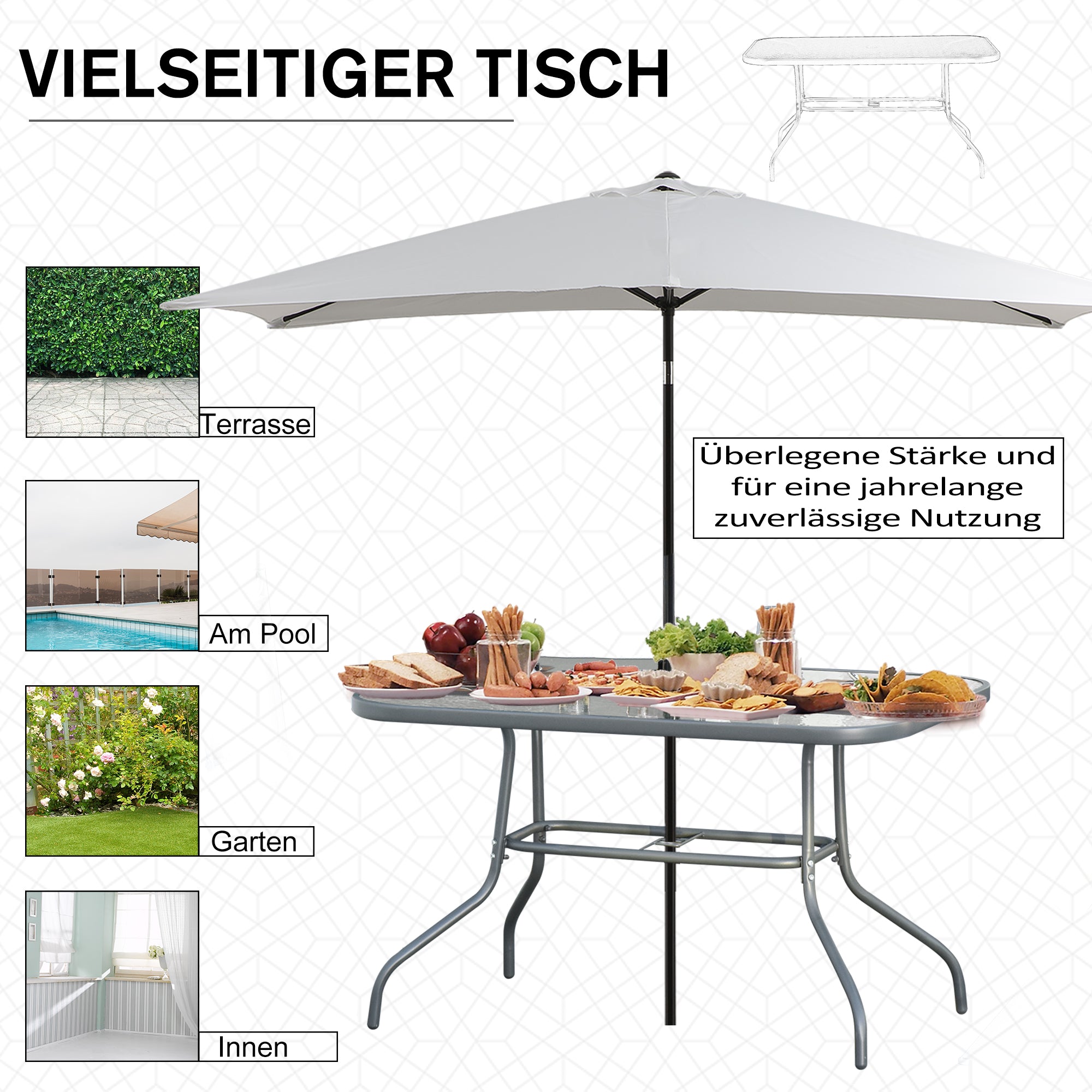 Garden Table Bistro Table Patio Table Garden Side Table Bistro Table Garden Furniture with Glass Top Umbrella Hole Tempered Glass + Metal Charcoal Grey 120 x 80 x 70 cm