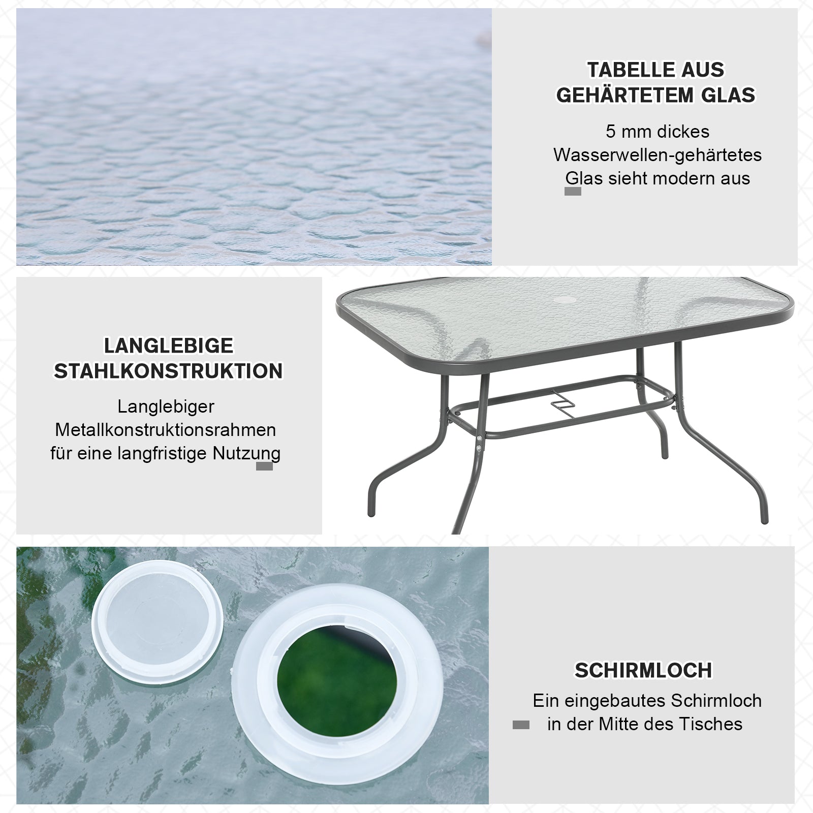 Garden Table Bistro Table Patio Table Garden Side Table Bistro Table Garden Furniture with Glass Top Umbrella Hole Tempered Glass + Metal Charcoal Grey 120 x 80 x 70 cm