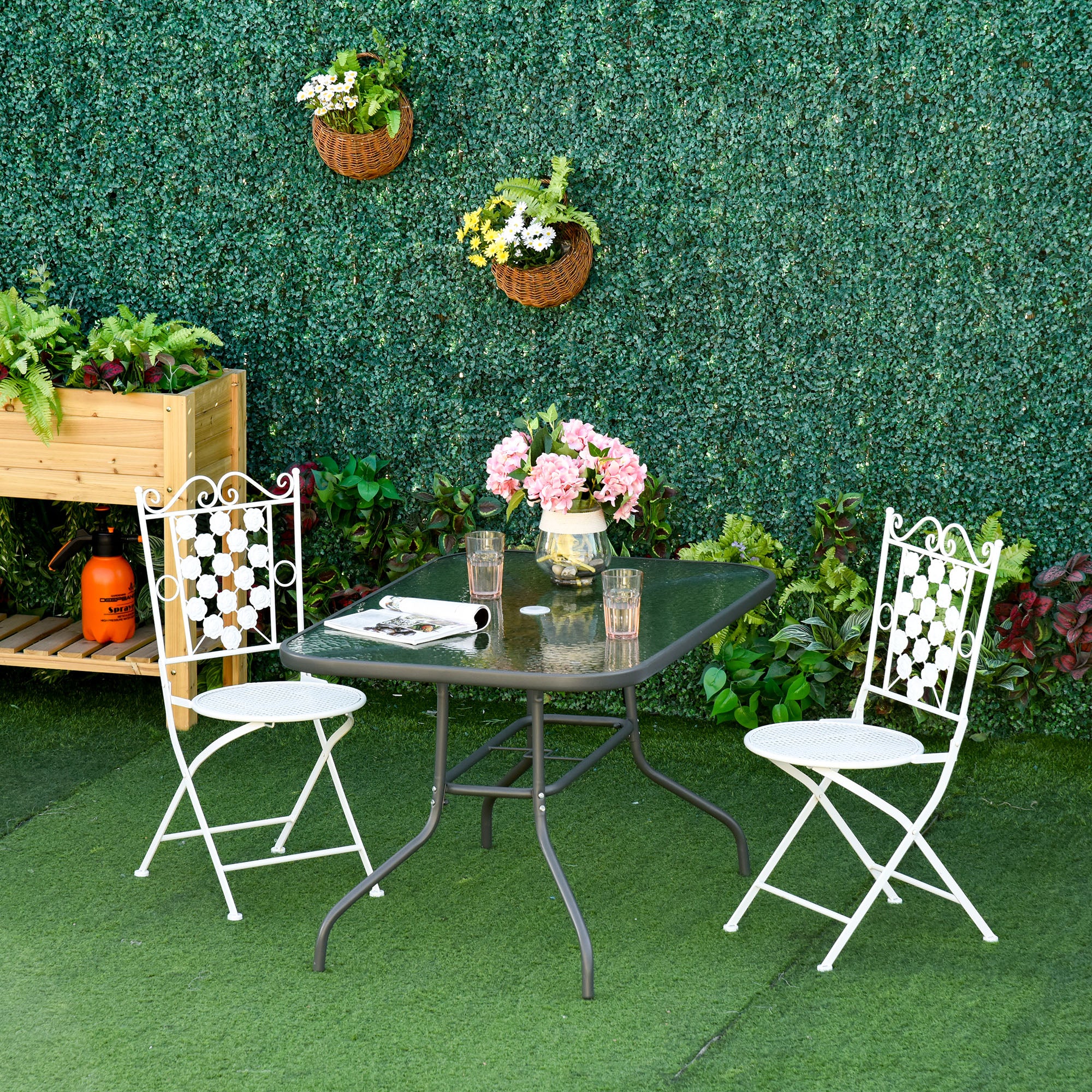 Garden Table Bistro Table Patio Table Garden Side Table Bistro Table Garden Furniture with Glass Top Umbrella Hole Tempered Glass + Metal Charcoal Grey 120 x 80 x 70 cm