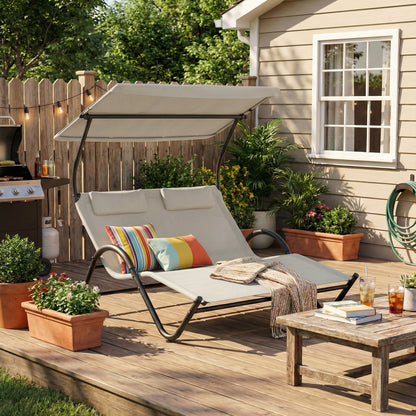 2-Person Sun Lounger with Adjustable Canopy, Headrests & Wheels — Steel/Polyester, Cream — 200 x 137 x 138 cm (78.7 x 53.9 x 54.3 in)