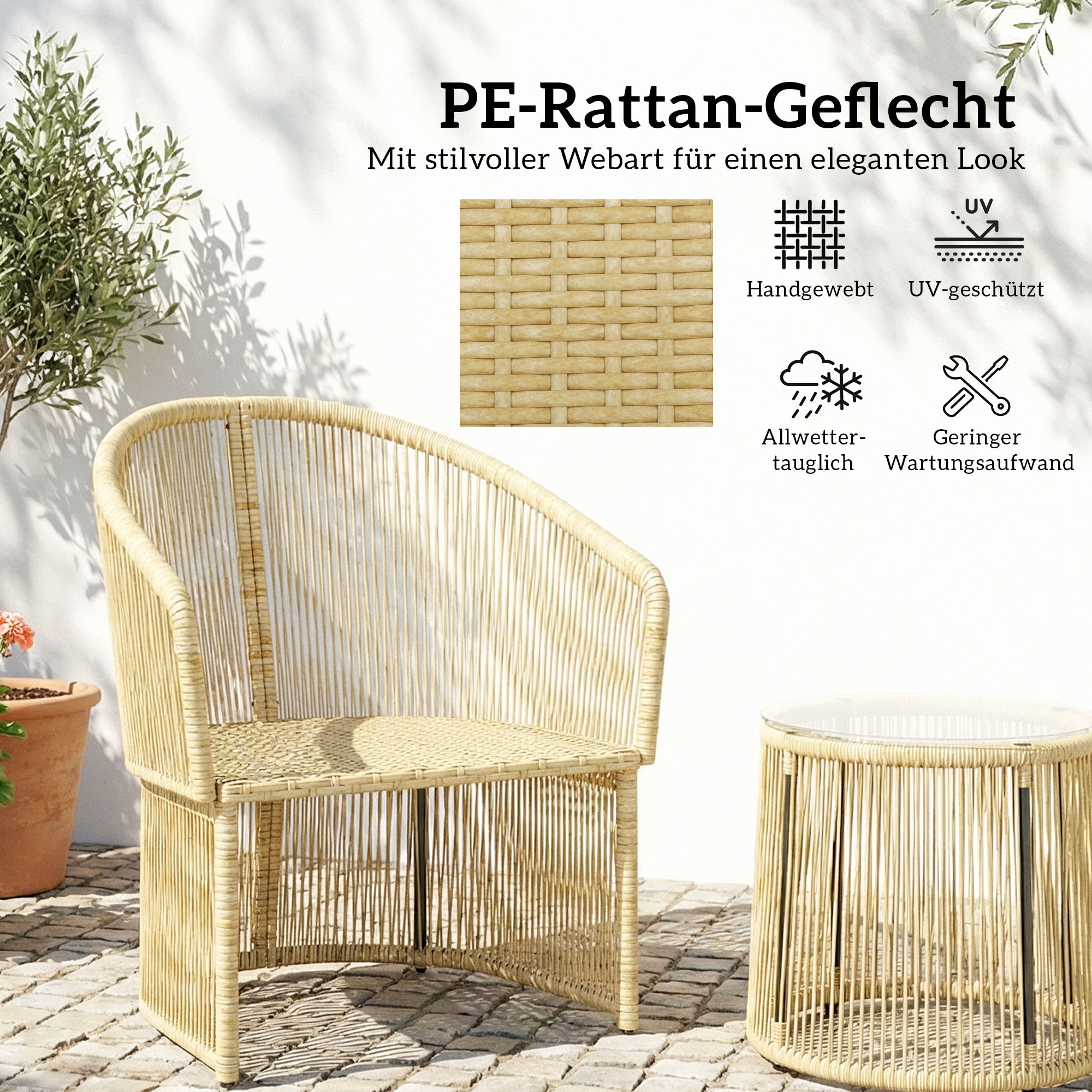 3-Piece Cream White Rattan Bistro Set — Round Glass Table & 2 Cushioned Chairs