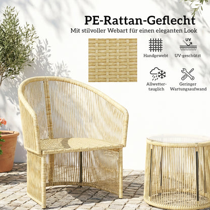 3-Piece Cream White Rattan Bistro Set — Round Glass Table & 2 Cushioned Chairs