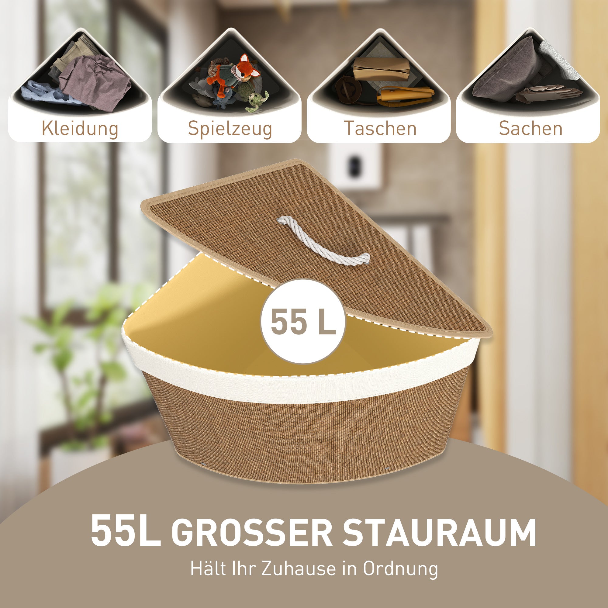 Bamboo Laundry Basket with Lid 55 L Corner Laundry Collector with Removable Laundry Bag, Laundry Box Laundry Baskets for Bathroom Laundry Room Bedroom Brown