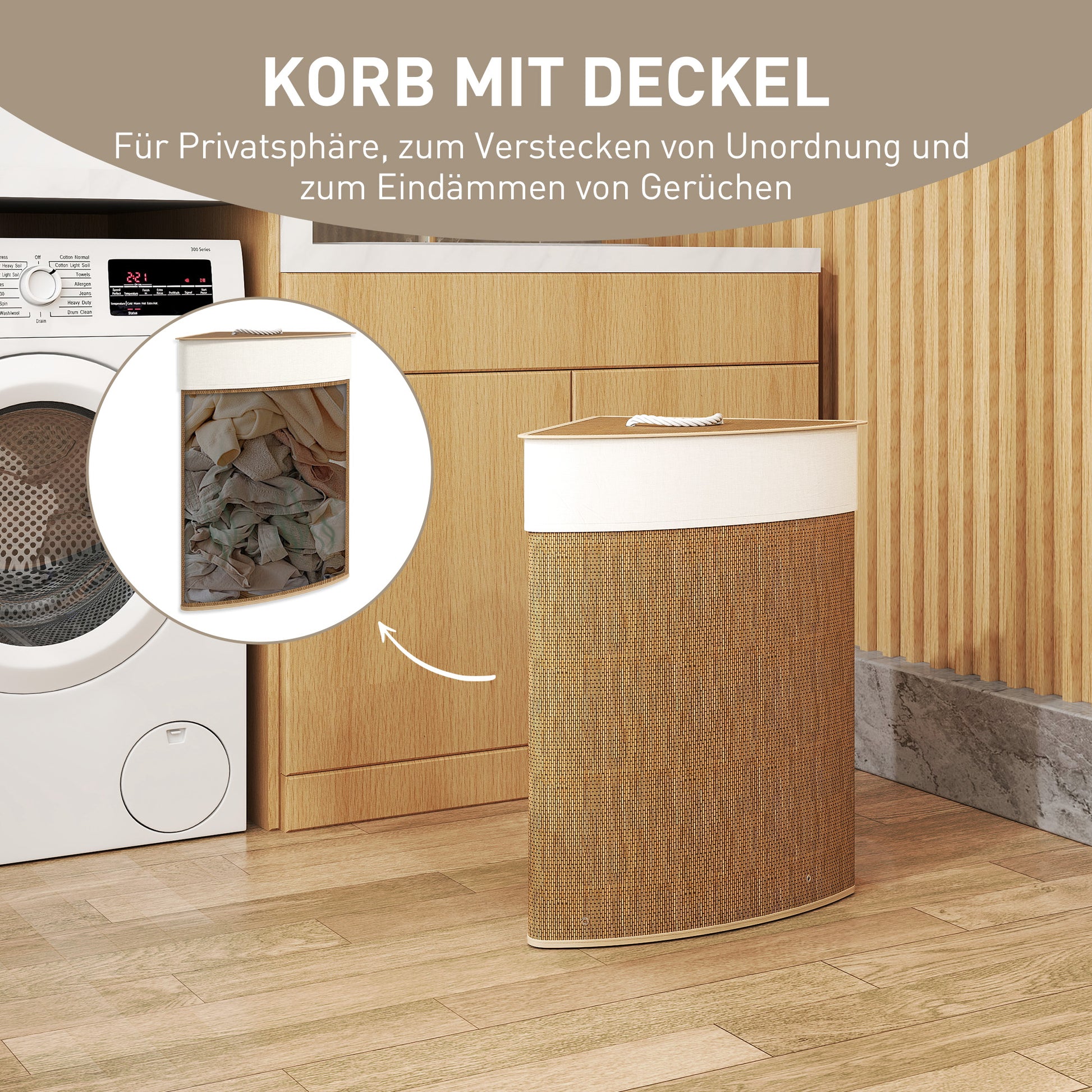 Bamboo Laundry Basket with Lid 55 L Corner Laundry Collector with Removable Laundry Bag, Laundry Box Laundry Baskets for Bathroom Laundry Room Bedroom Brown