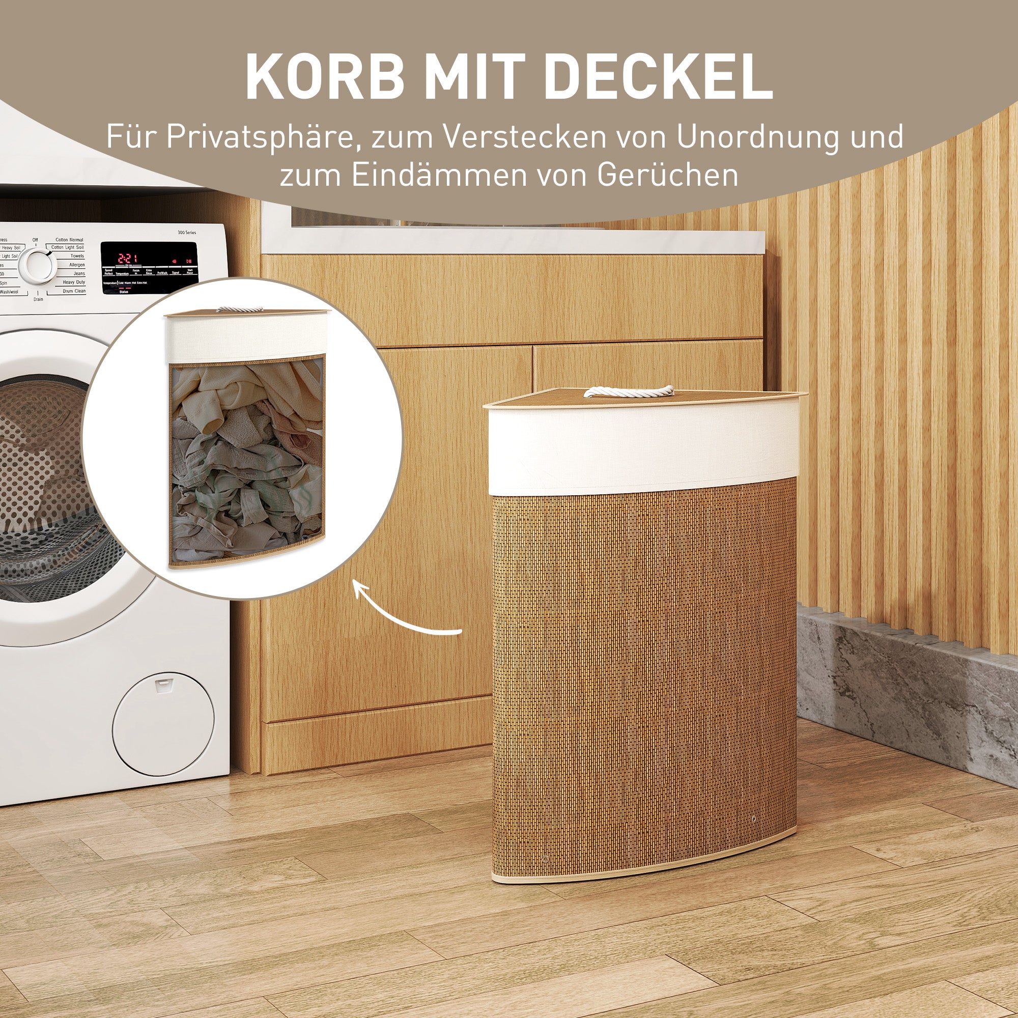 Bamboo Laundry Basket with Lid 55 L Corner Laundry Collector with Removable Laundry Bag, Laundry Box Laundry Baskets for Bathroom Laundry Room Bedroom Brown
