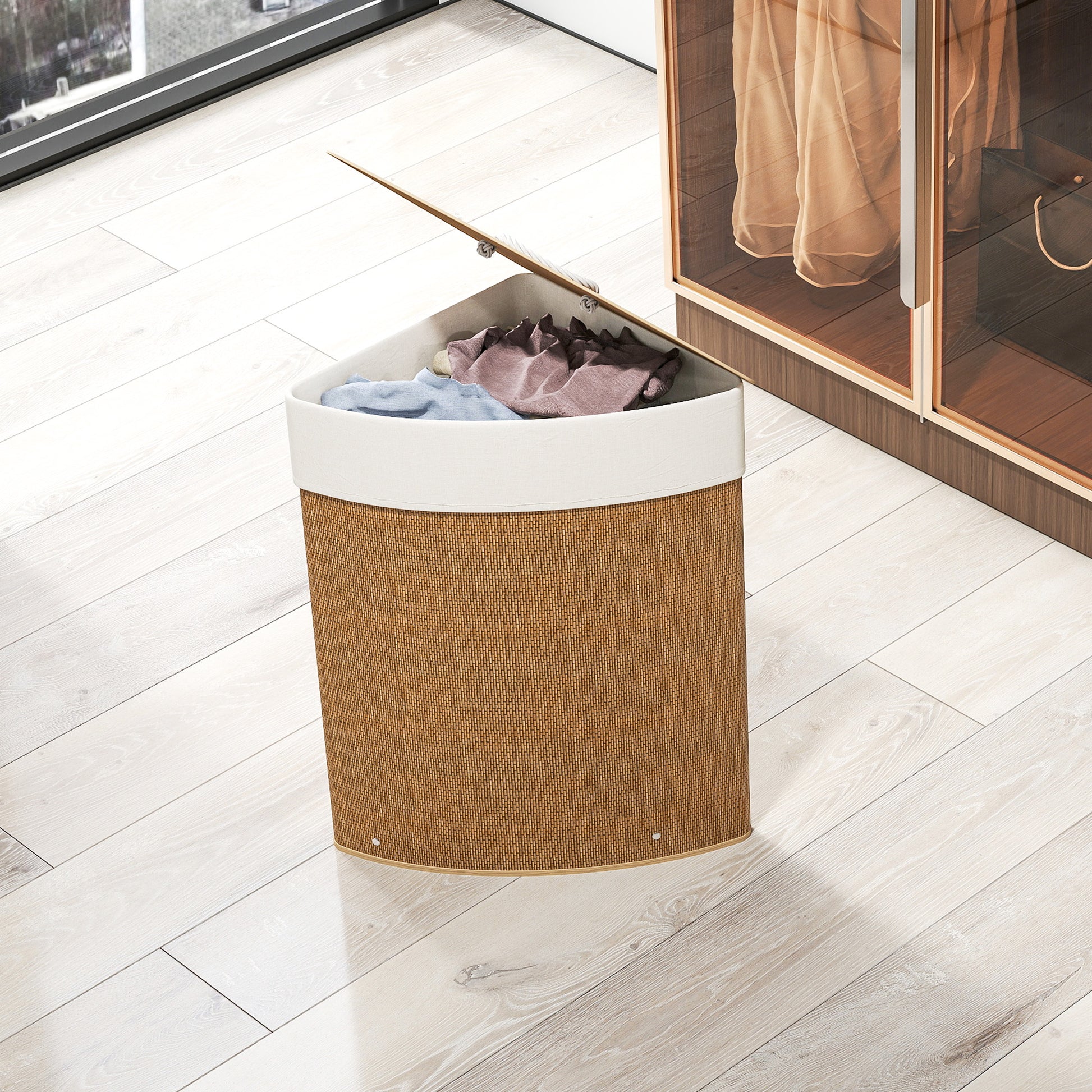 Bamboo Laundry Basket with Lid 55 L Corner Laundry Collector with Removable Laundry Bag, Laundry Box Laundry Baskets for Bathroom Laundry Room Bedroom Brown