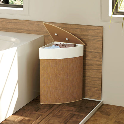 Bamboo Laundry Basket with Lid 55 L Corner Laundry Collector with Removable Laundry Bag, Laundry Box Laundry Baskets for Bathroom Laundry Room Bedroom Brown