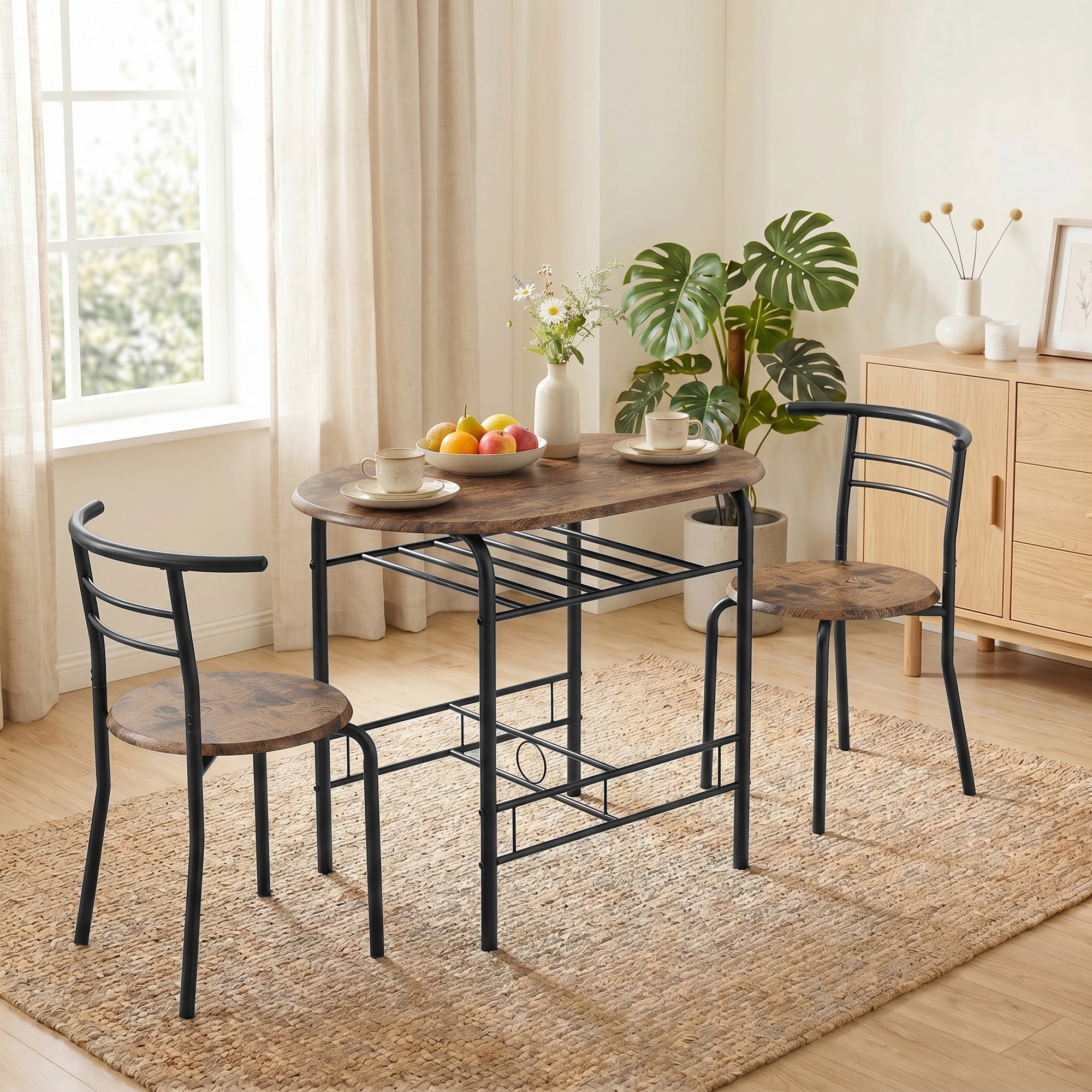 3-Piece Dining Set – 31.5 in Table with 2 Chairs & Shelf, Rustic Brown, Ideal for Small Spaces