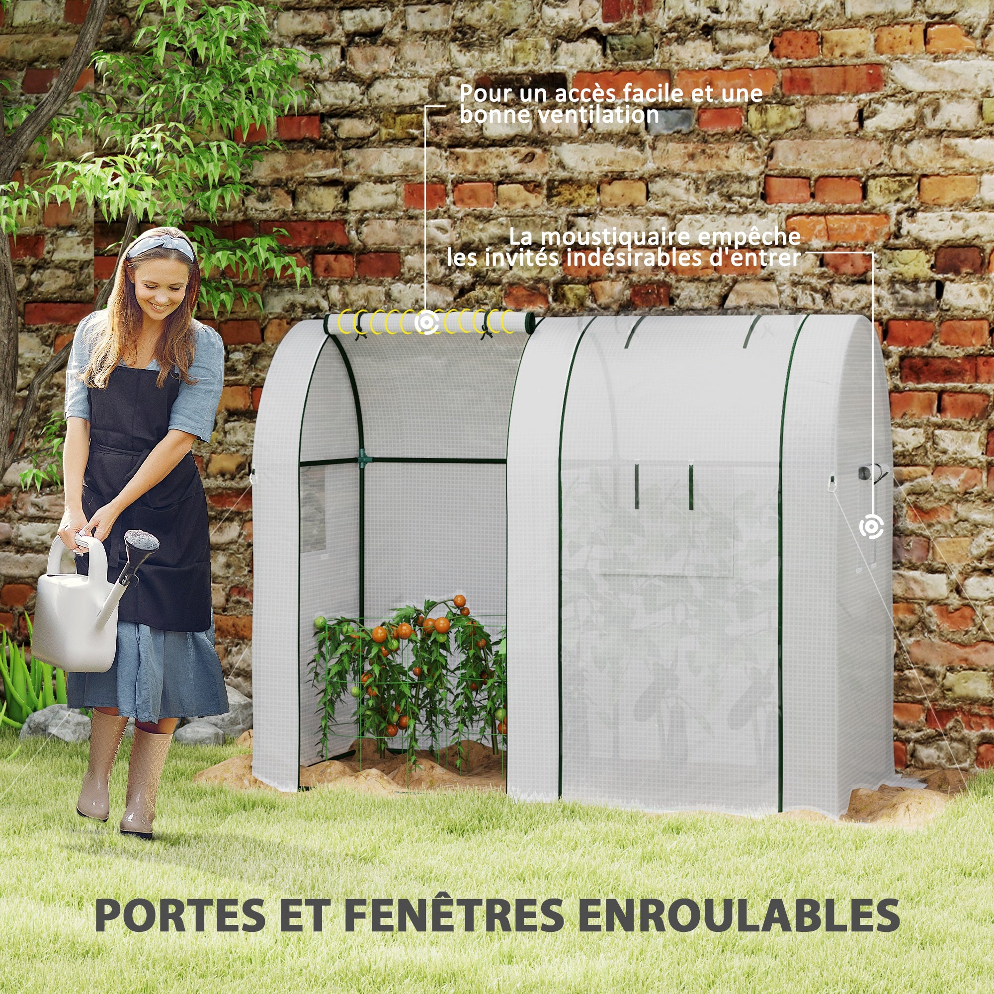 Garden Greenhouse 1.8 m² Tomato Greenhouse dim. 1.85L x 0.9W x 1.5H m 2 sliding zip doors 4 roll-up windows steel PE high density 135 g/m² anti-UV white