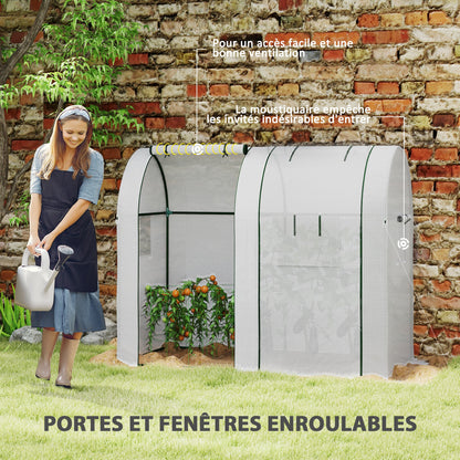 Garden Greenhouse 1.8 m² Tomato Greenhouse dim. 1.85L x 0.9W x 1.5H m 2 sliding zip doors 4 roll-up windows steel PE high density 135 g/m² anti-UV white