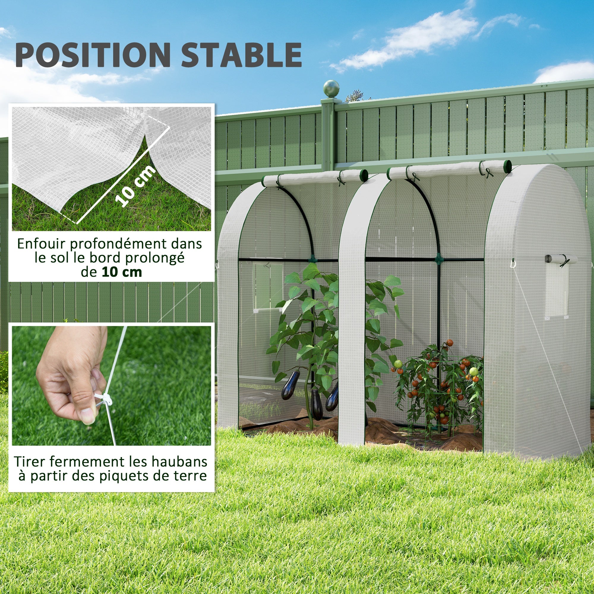 Garden Greenhouse 1.8 m² Tomato Greenhouse dim. 1.85L x 0.9W x 1.5H m 2 sliding zip doors 4 roll-up windows steel PE high density 135 g/m² anti-UV white